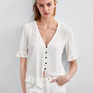 Zara White Button Top with Ruffle Sleeves